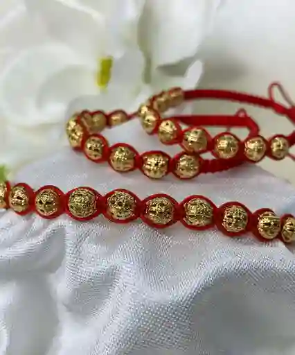 Pulsera Tejida Roja Bolitas En Oro Laminado