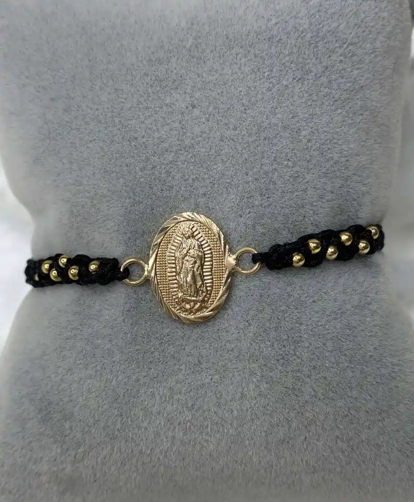 Pulsera Tejida Negra Virjen La Milagrosa Y Bolitas