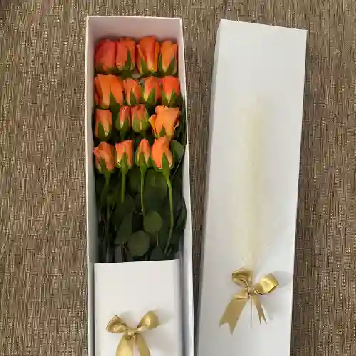 Caja Premium Blanca Por 16 Rosas Anaranjadas