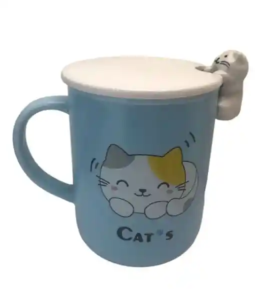 Mug Taza Pocillo Vaso Ceramica Tapa Y Cuchara Motivo Gato Cat´s