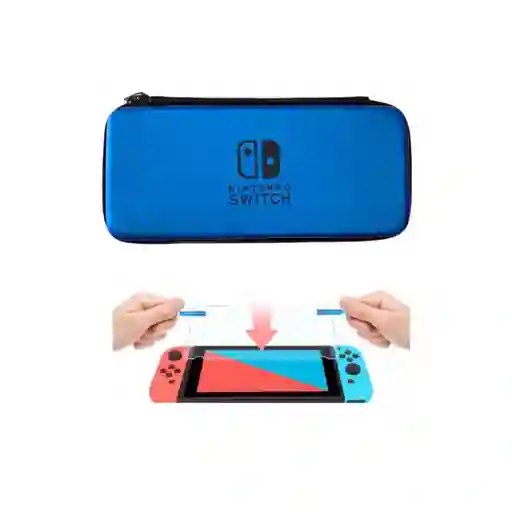 Estuche De Viaje Rígido Azul + Vidrio Templado Para Nintendo Switch