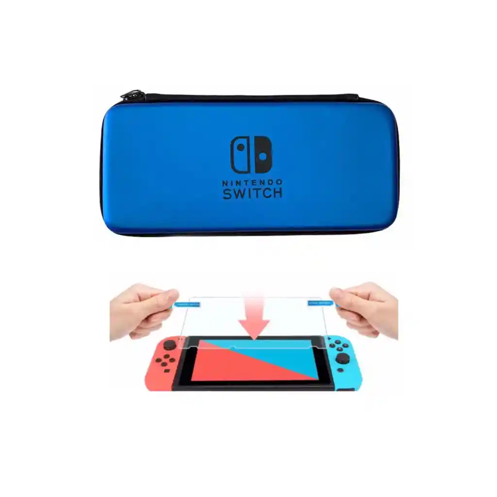 Estuche De Viaje Rígido Azul + Vidrio Templado Para Nintendo Switch