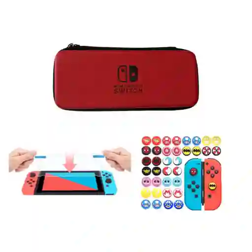 Estuche Rigido Rojo + Vidrio Templado + 2 Grips Nintendo Switch