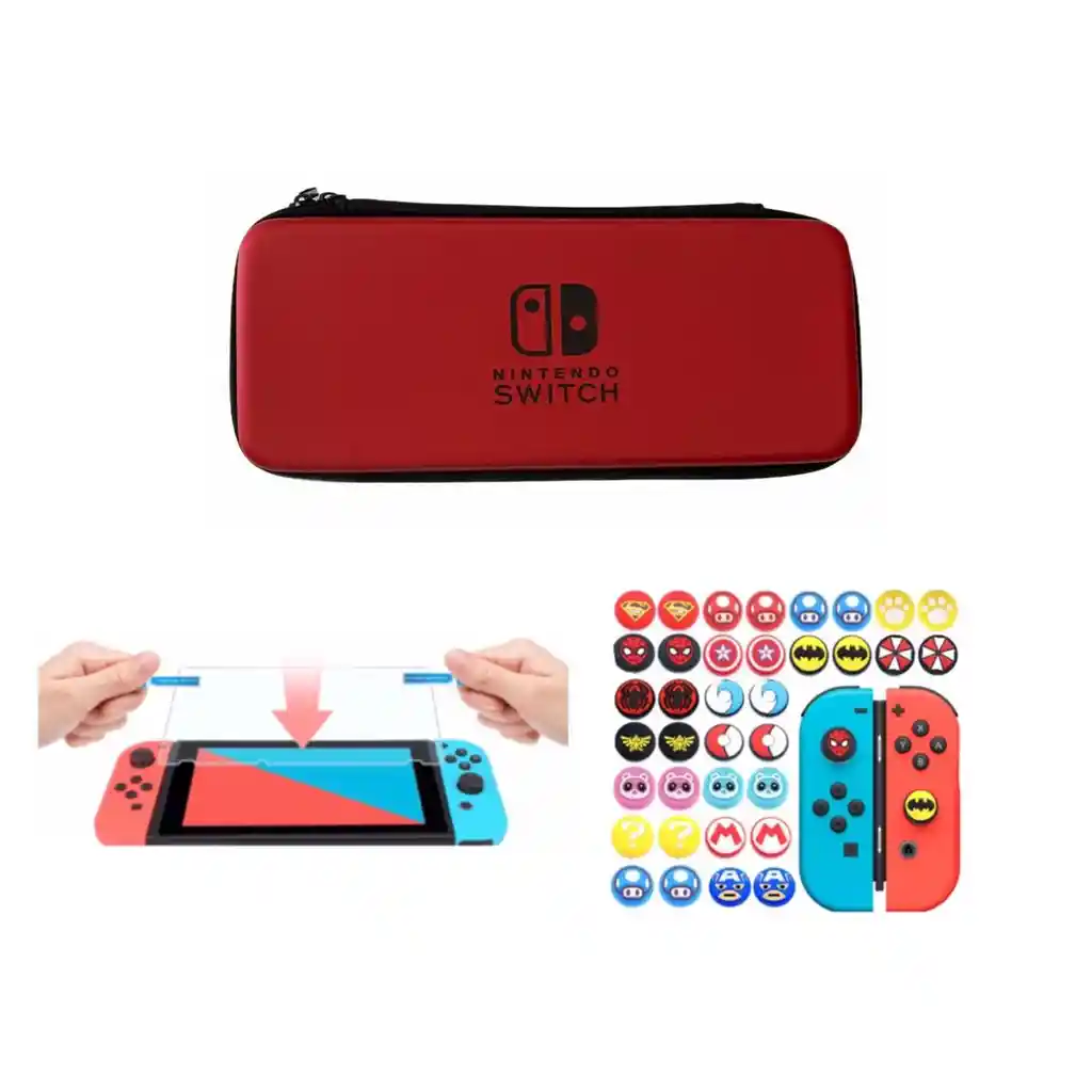 Estuche Rigido Rojo + Vidrio Templado + 2 Grips Nintendo Switch