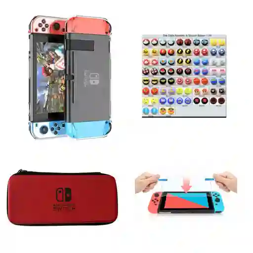 Acrilico Protector + 2 Grips + Vidrio Templado + Estuche Rojo Para Nintendo Switch.