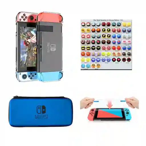 Acrilico Protector + 2 Grips + Vidrio Templado + Estuche Azul Compatible Con Switch.