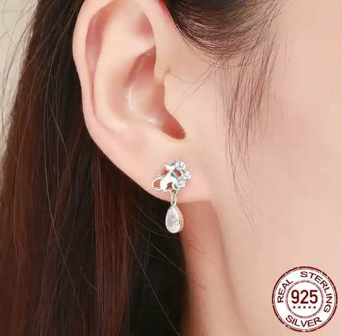 Aretes Para Mujer Gato Circones Fabricados En Plata 925
