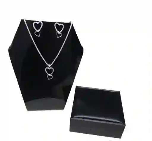 Trío Plata Ley 925 - Duo Corazón (aretes + Cadena + Dije + Estuche De Lujo