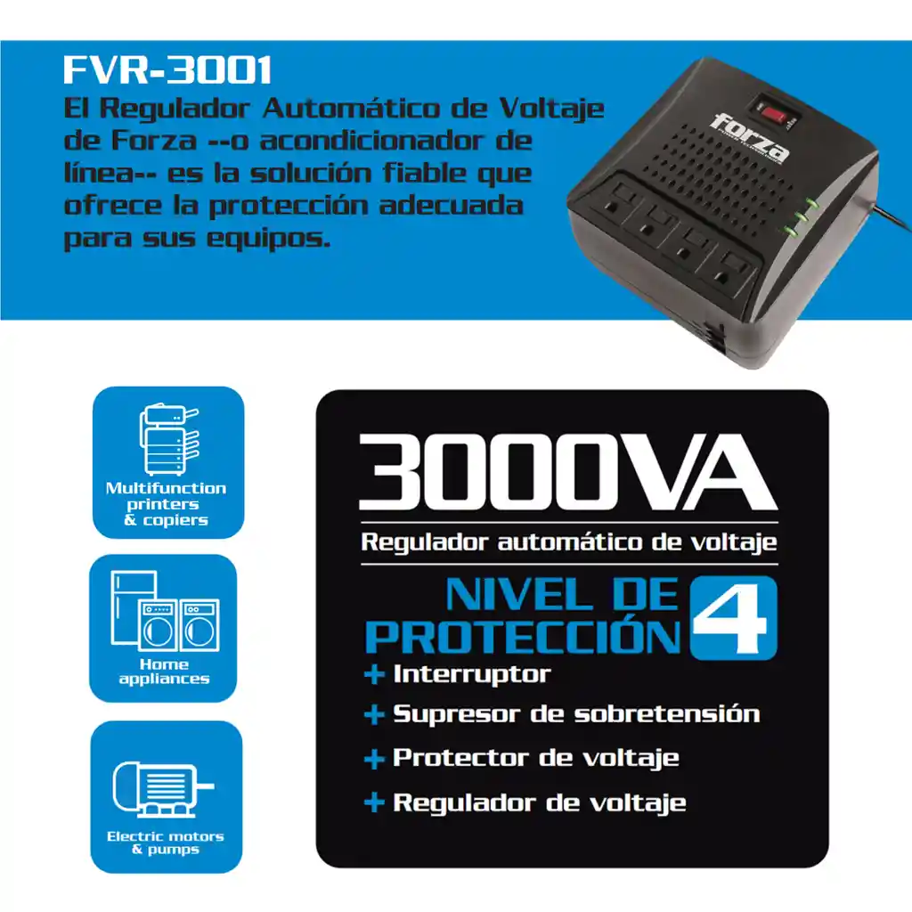 Regulador Voltaje Automático Forza 3000va/1500w Con 4 Tomas