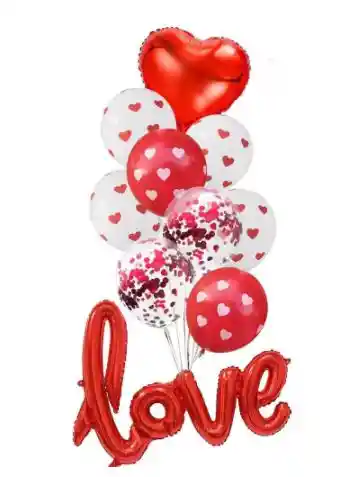 Bouquet Globo Bomba Color Rojo Metalizado Love, Corazon Globo Confeti De Latex X10 San Valentin