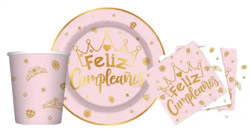 Set Platos, Vasos, Servilletas Feliz Cumpleaños Coronitas