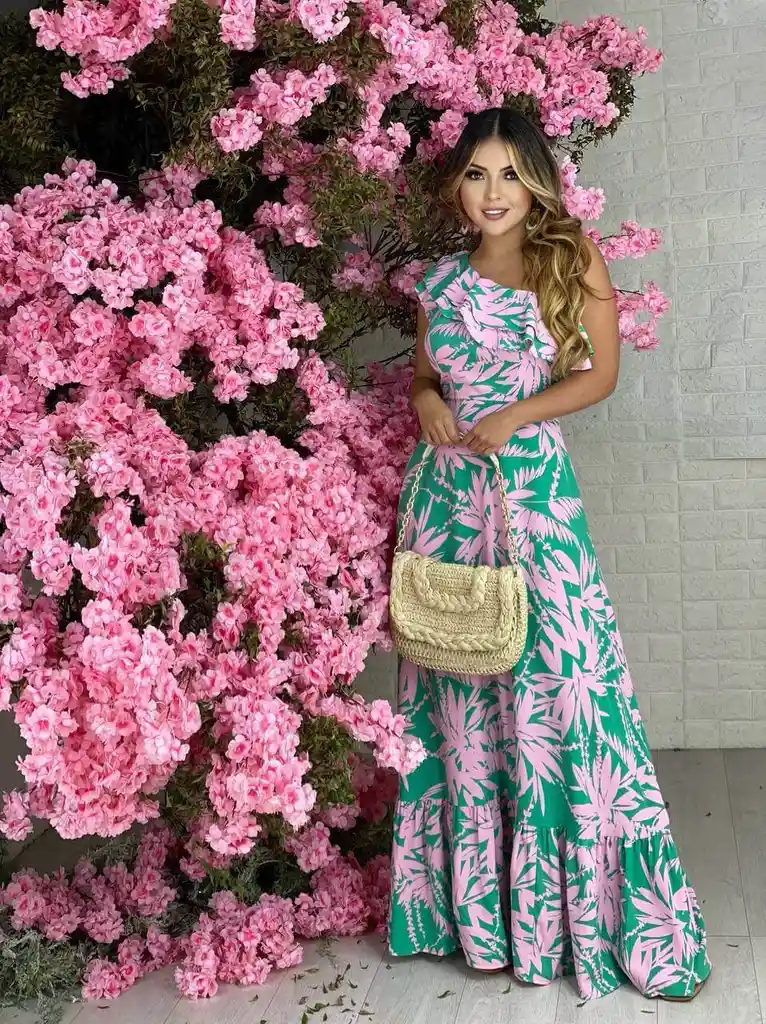 Vestido Rose Verano Flores Elegante Flecos Verde Lila