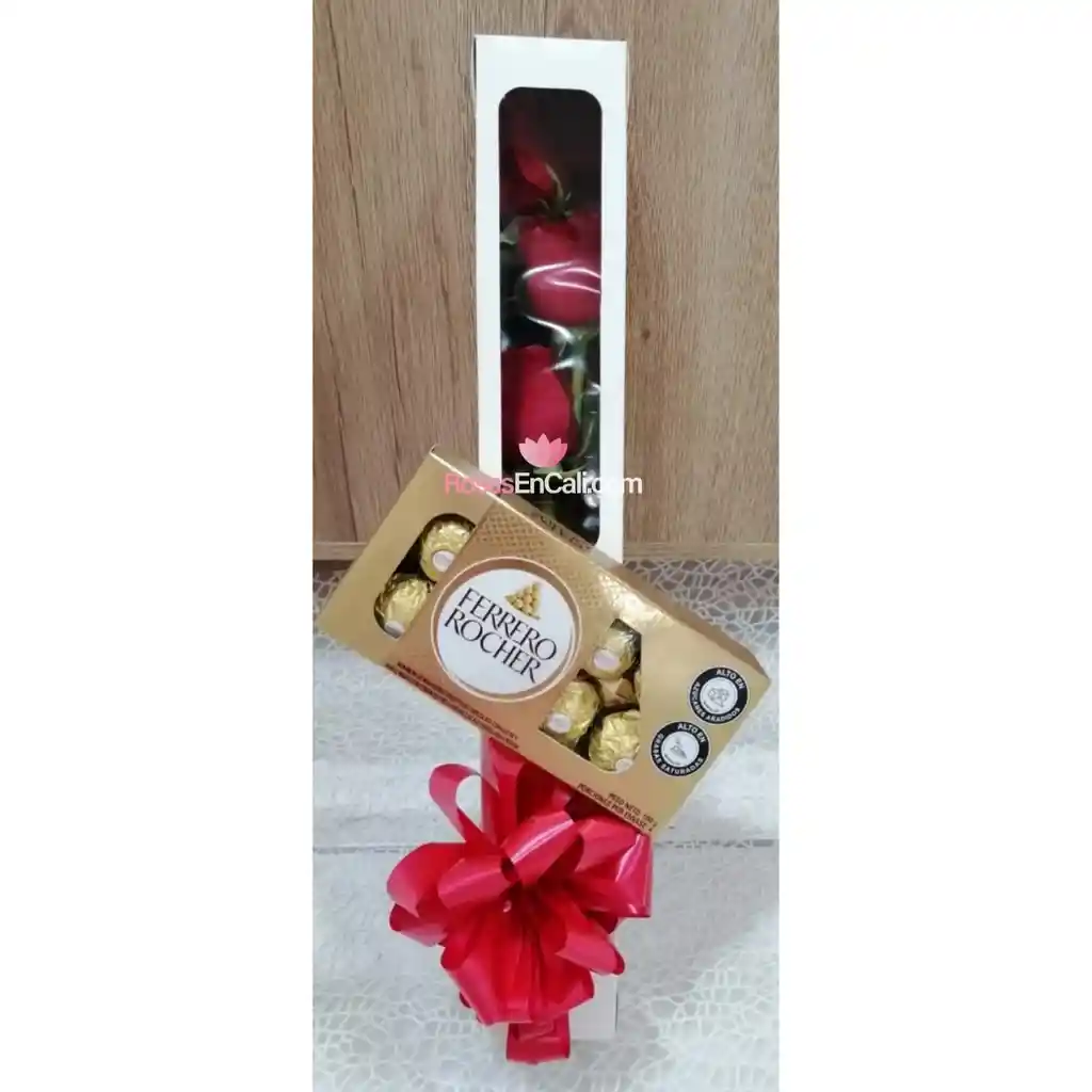 Caja De 3 Rosas Y Chocolates Ferrero