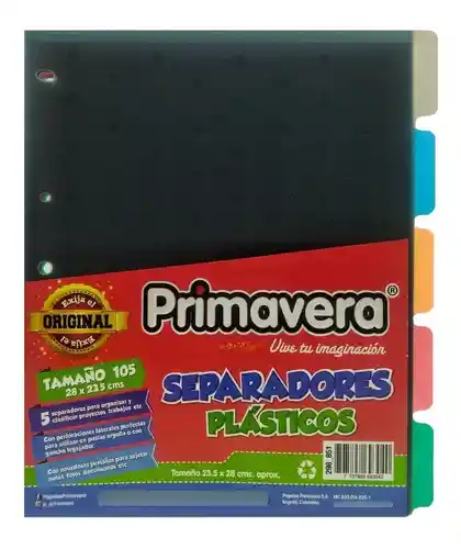 Paquete Separador Primavera Plastico X5 Colores Carta