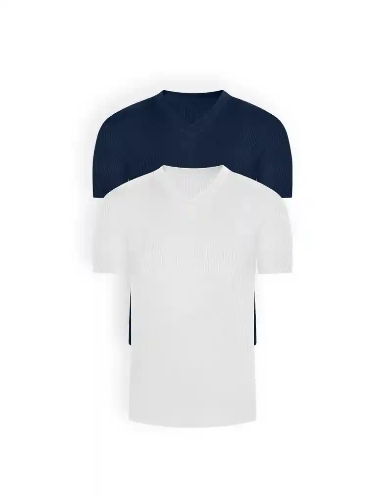 Camiseta Basica Rib Cuello V Manga Corta Pack (x2) (2682) Unicolor Blanco-azul Oscuro S