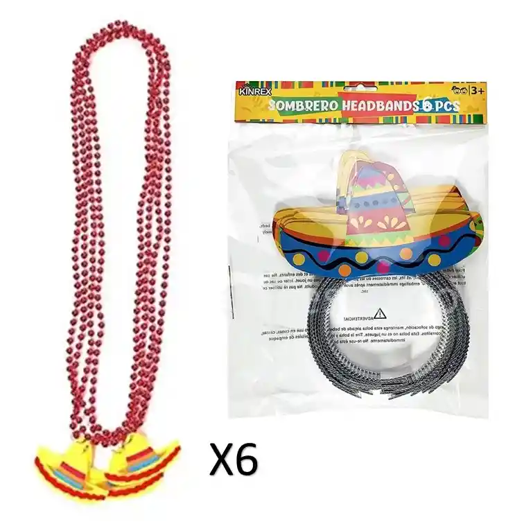 Kit Para 6 Personas Collares Y Diademas De Sombrero Fiesta Mexicana