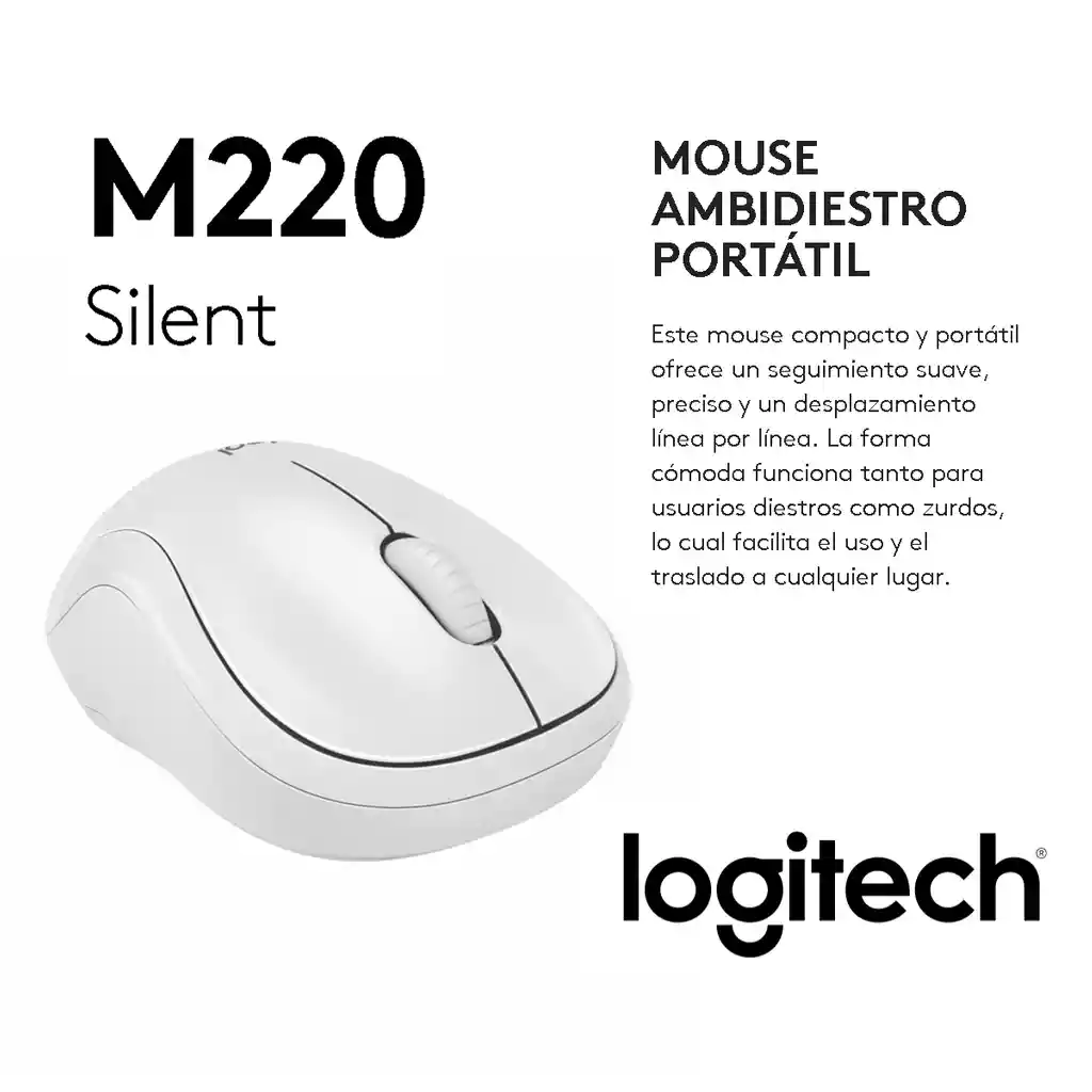 Mouse Inalambrico, Logitech M220 Silent / 90% Más Silencioso Blanco