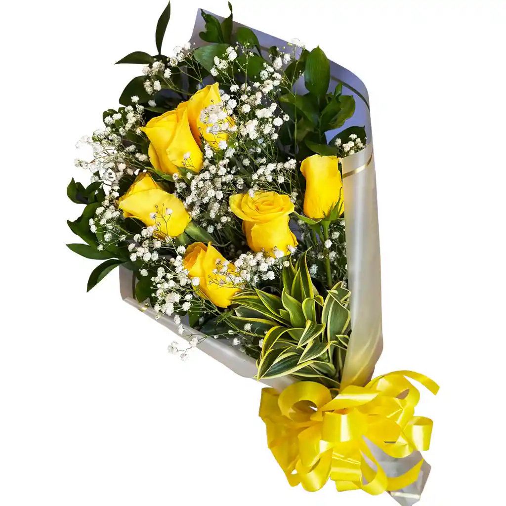 Ramillete En Rosas Amarillas Y Gypsophyla