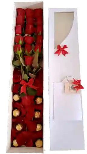 Caja Premium 16 Rosas Rojas Con 8 Chocolates Ferrero Rocher