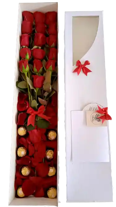 Caja Premium 16 Rosas Rojas Con 8 Chocolates Ferrero Rocher