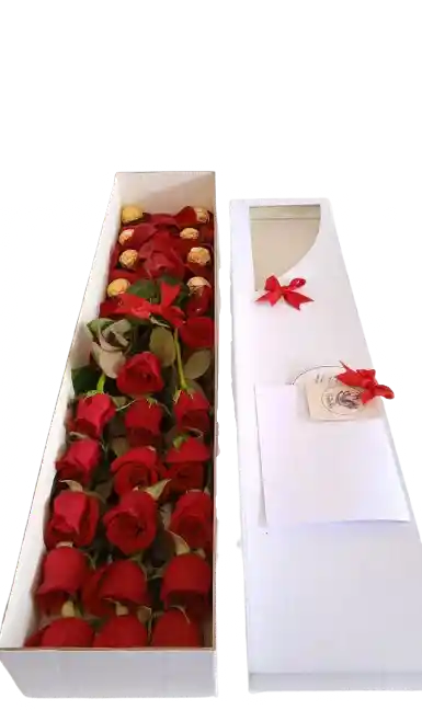 Caja Premium 16 Rosas Rojas Con 8 Chocolates Ferrero Rocher
