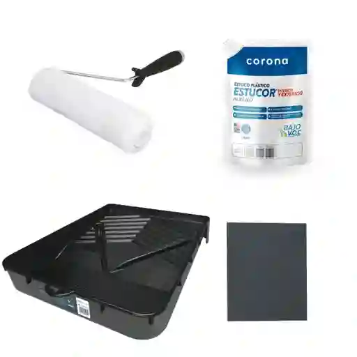 Rodillo Para Pintar Superficie Lisa + Bandeja + Estuco + Lija De Agua