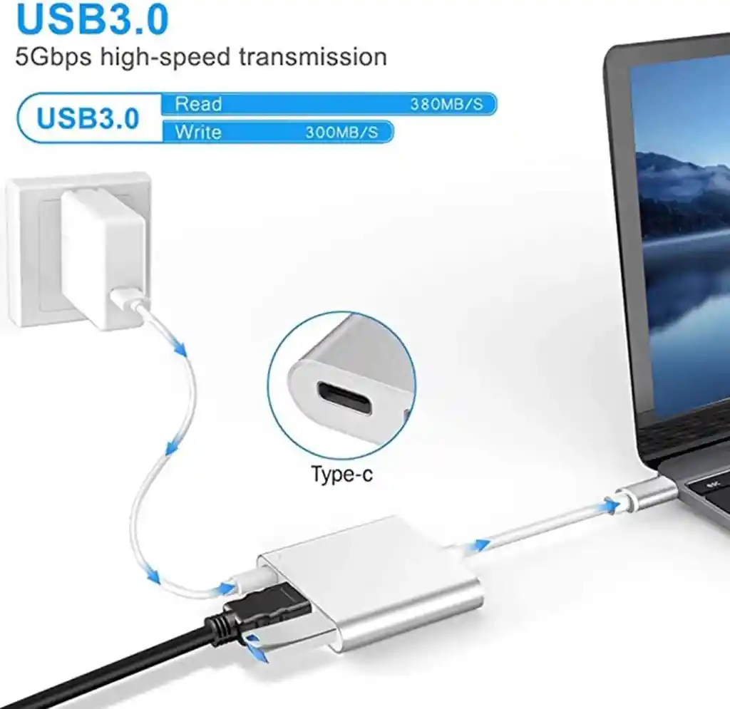 Adaptador Mac Windows Hub Tipo C A Hdmi Usb 3.0 Usb C 3 En 1