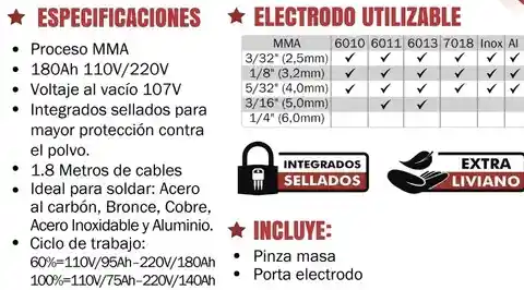 Soldador Inversor Proceso Mma/tig Lift De 180ah 110v/220v