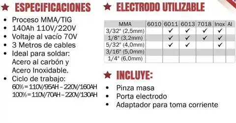 Soldador Inversor Proceso Mma/tig Lift De 140ah 110v/220v