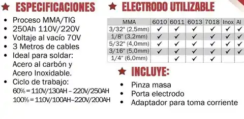 Soldador Inversor Proceso Mma/tig Lift De 250ah 110v/220v