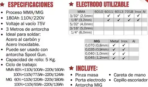 Soldador Inversor Proceso Mma/mig/ Tig Lift De 180ah 110v/220v