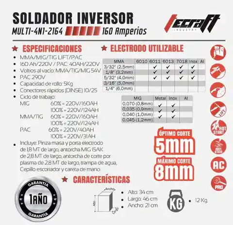 Soldador Inversor Multiproceso Mma/mig/pac/tig Lift 160ah 220v