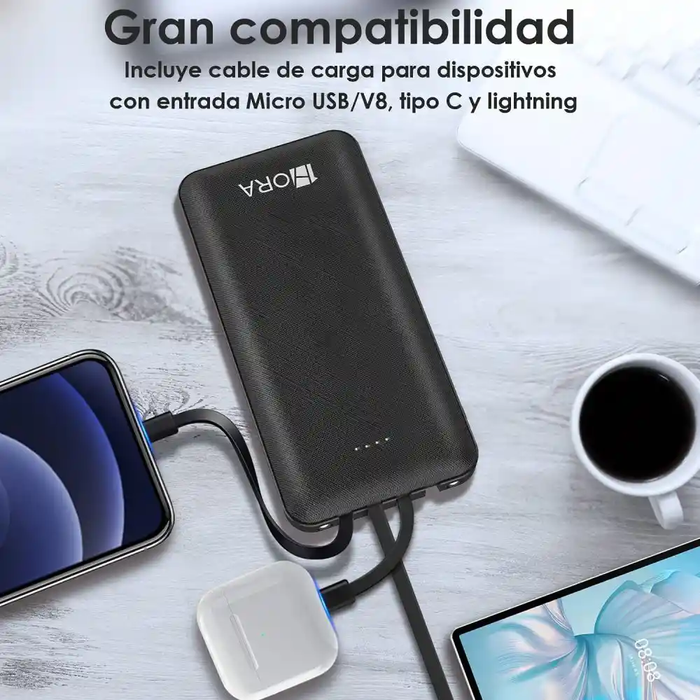 1hora Power Bank Batería Portátil 10.000mah 4 Cables Gar148