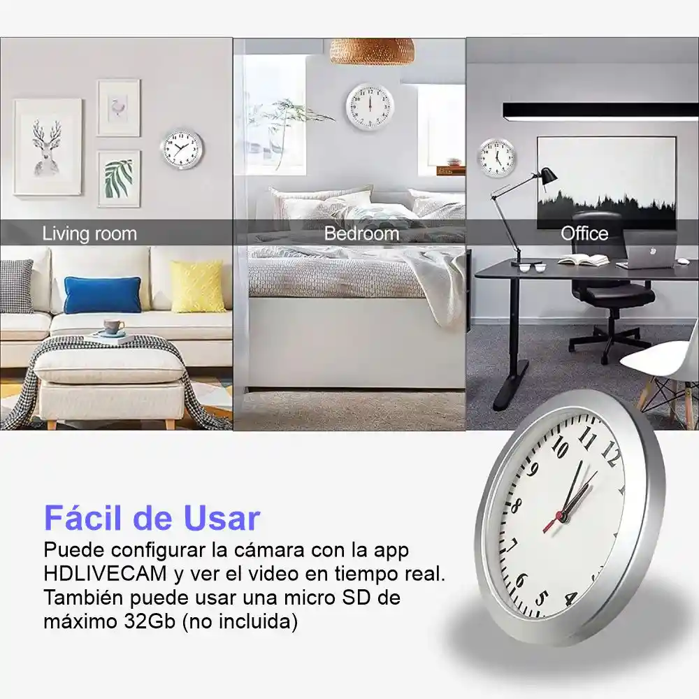 Reloj De Pared Cámara Espía Wifi 1080p Hd Sensor Movimiento