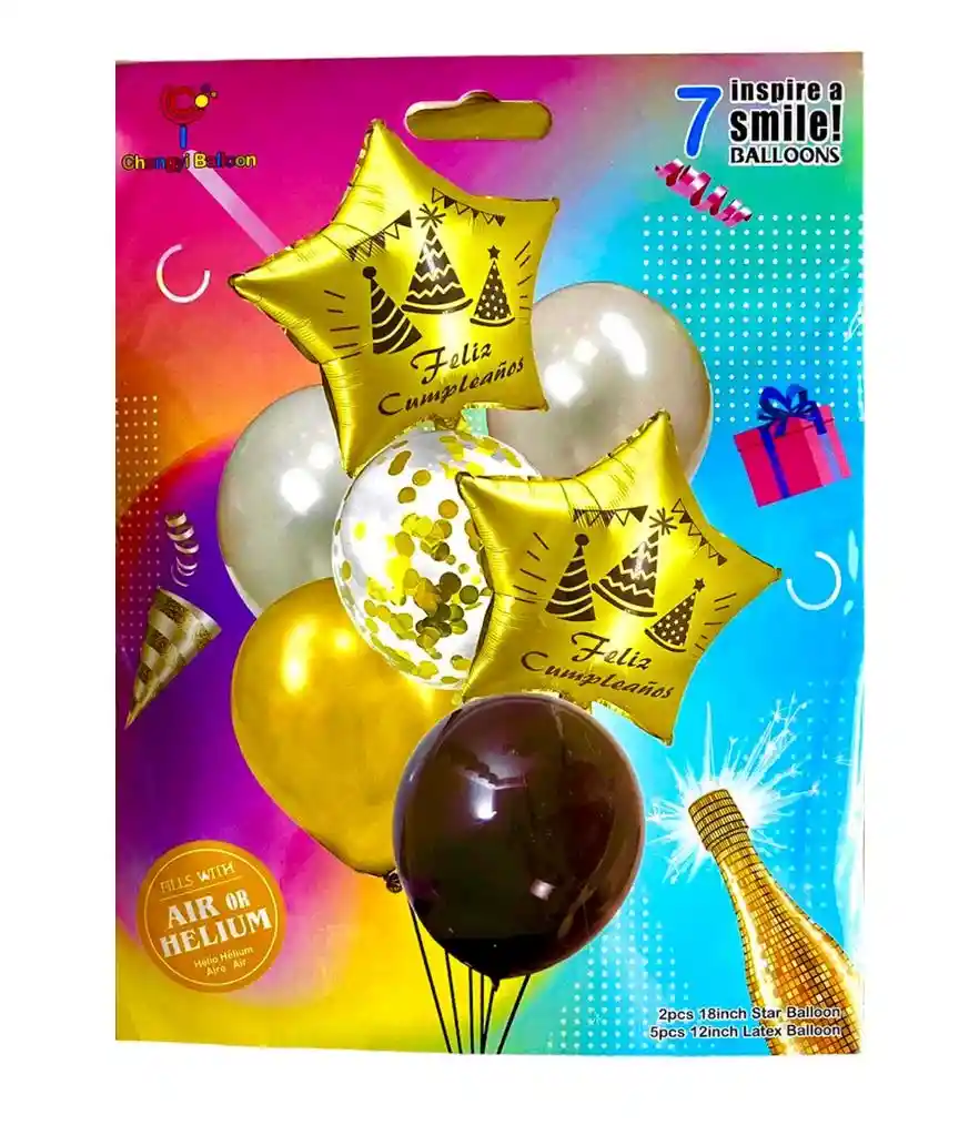 Globo Metalizado Bouquet 7 Piezas Feliz Cumpleaños Dorado Plateado Negro