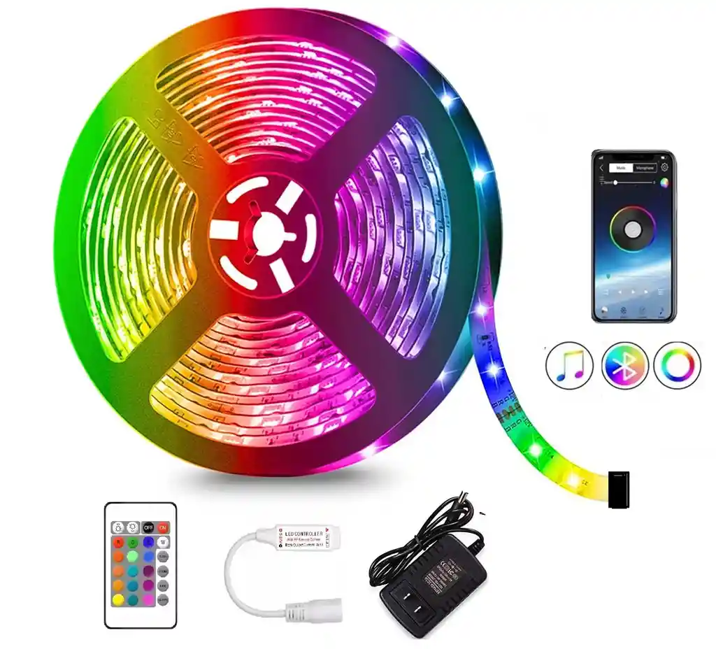 Cinta Led Bluetooth 5 Metros App Multicolor Rgb Luz Led + Control + Adaptador Luces Adhesiva