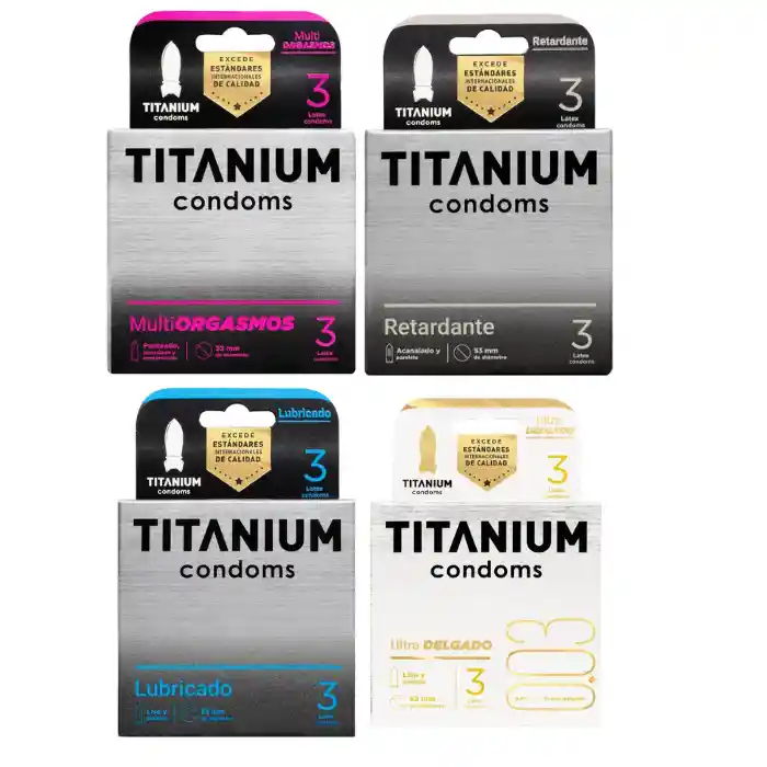 *4 Condones Preservativos Titanium- Multiorgamos, Retardante, Lubricado, Ultra Delgado Cajas X 3 Unidades