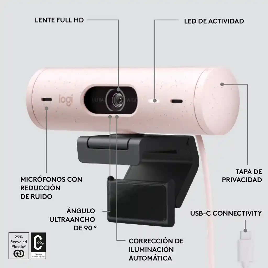 Cámara Web Full Hd Logitech Brio 500 / Rightlight 4, Rosado