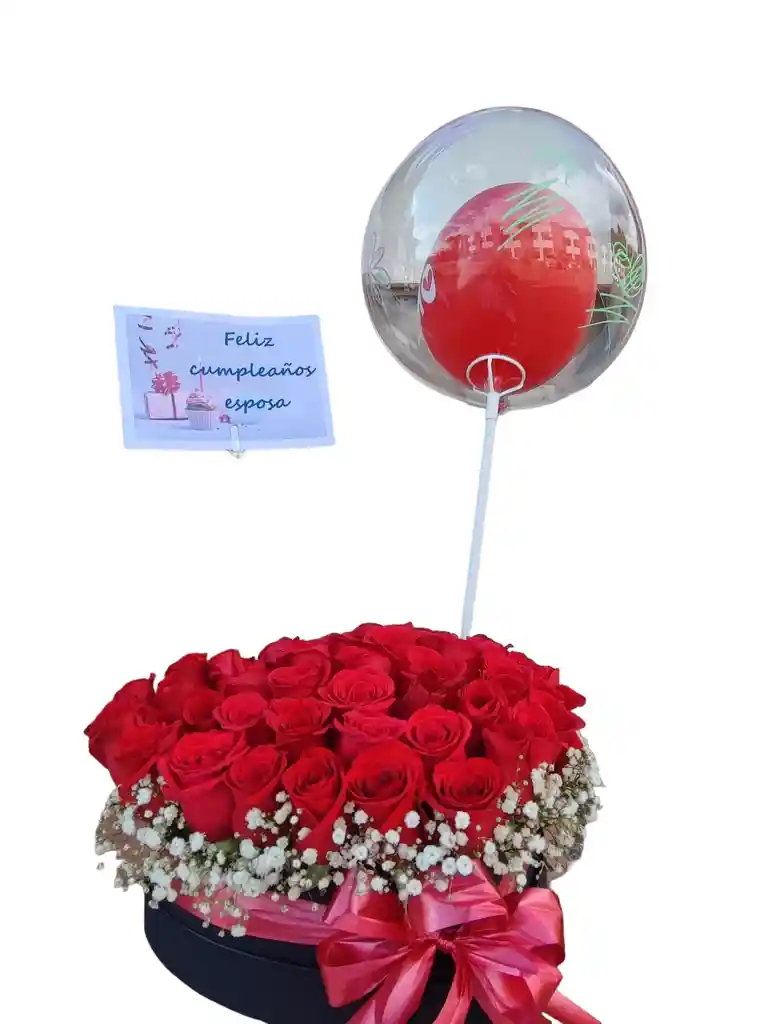 Caja De Rosas Rojas Con Yipsophilia Y Globo Personalizado