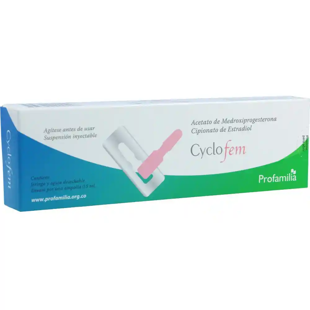  Cyclofem | Acetato De Medroxiprogesterona + Cipionato De Es Tradiol  | 25Mg + 5 Mg | Ampolla | Jeringa Y Aguja Desechable | Profamilia 