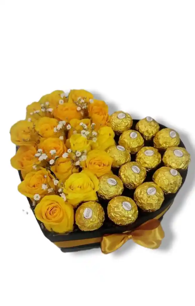 Corazon De Rosas Amarillas Y Chocolates