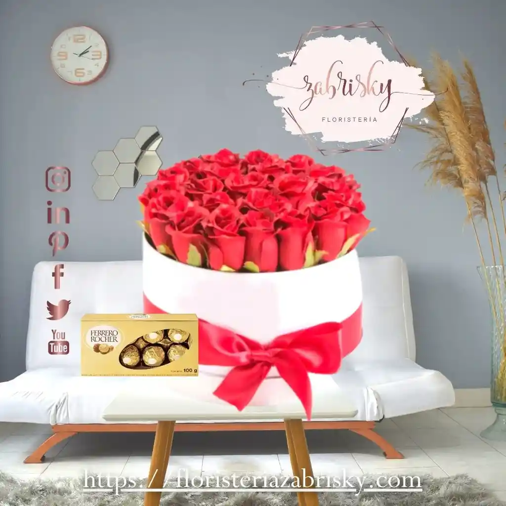 Caja Cilindro Blanca X 25 Rosas Rojas Y Ferrero X 8