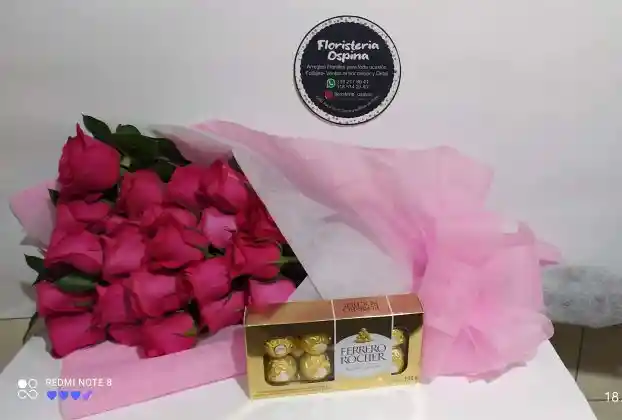 24 Rosas Fucsia En Bouquet Con Caja De Ferrero Rocher * 8 Unidades