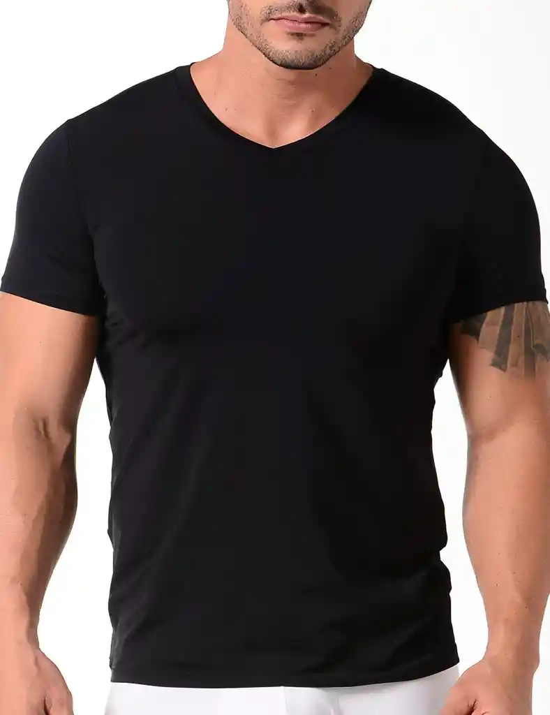 Camiseta Cuello V Unicolor De Microfibra Premium (3987) Negro S