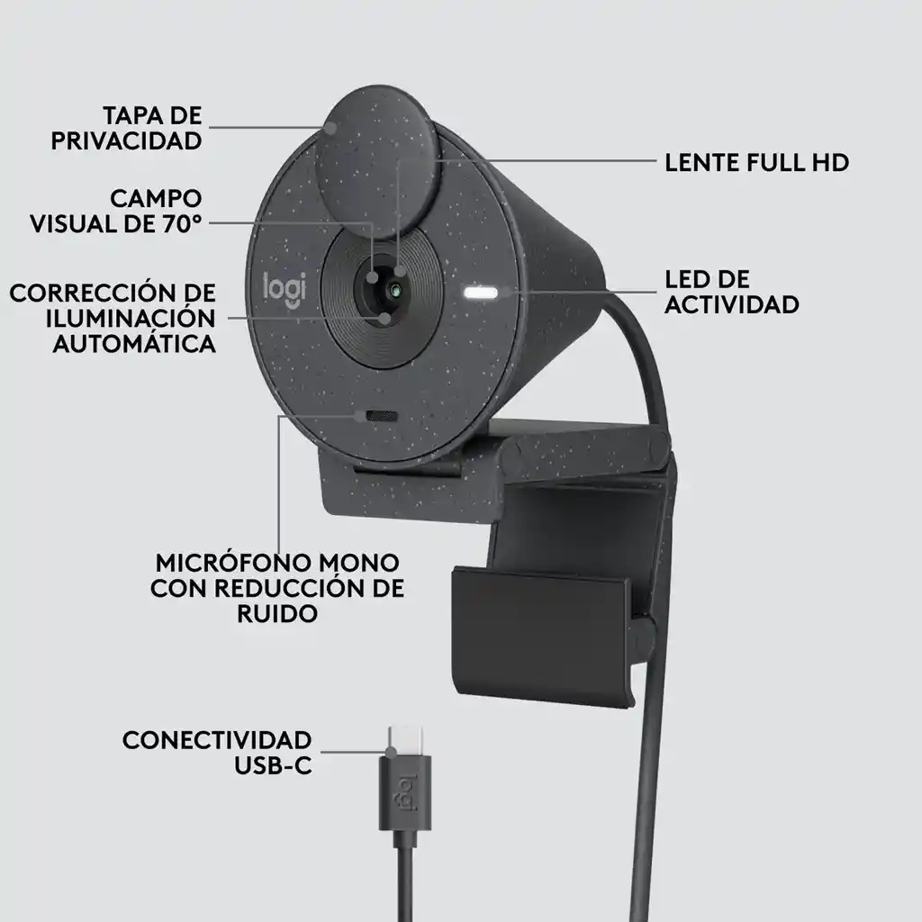 Webcam Logitech Brio 300 Full Hd 1080p, Rightlight 2, Negro