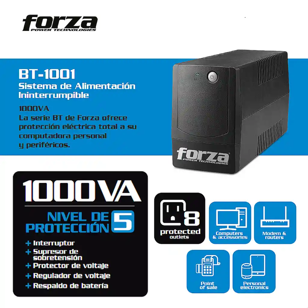 Ups Interactiva Forza Bt-1001, 1000va/600w 8 Tomas Regulador