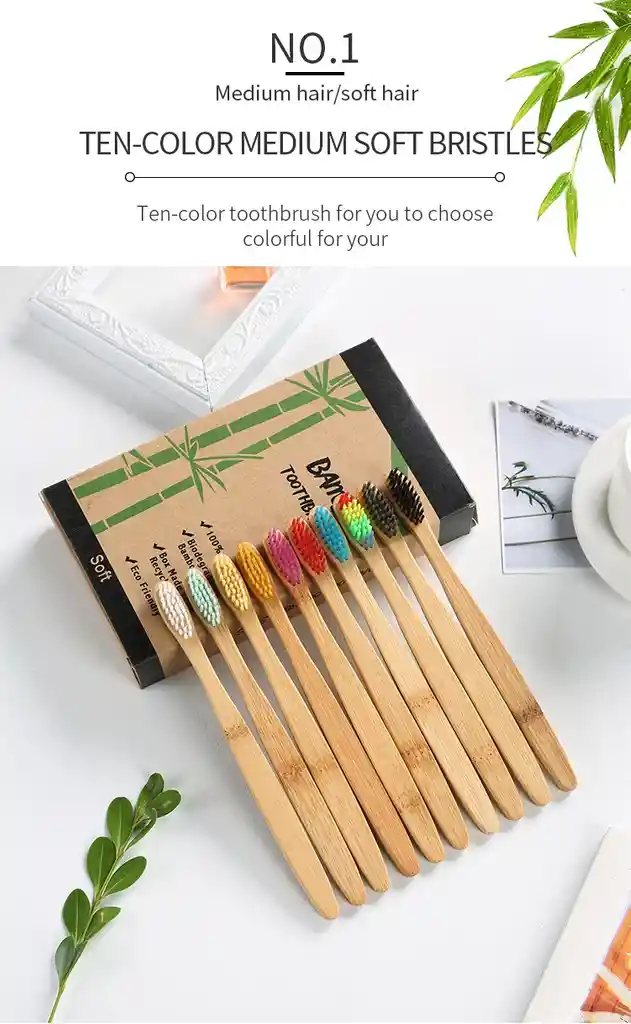  Juego De Cepillos De Dientes De Bambu Natural Cerdas Suaves 10 Piezas 