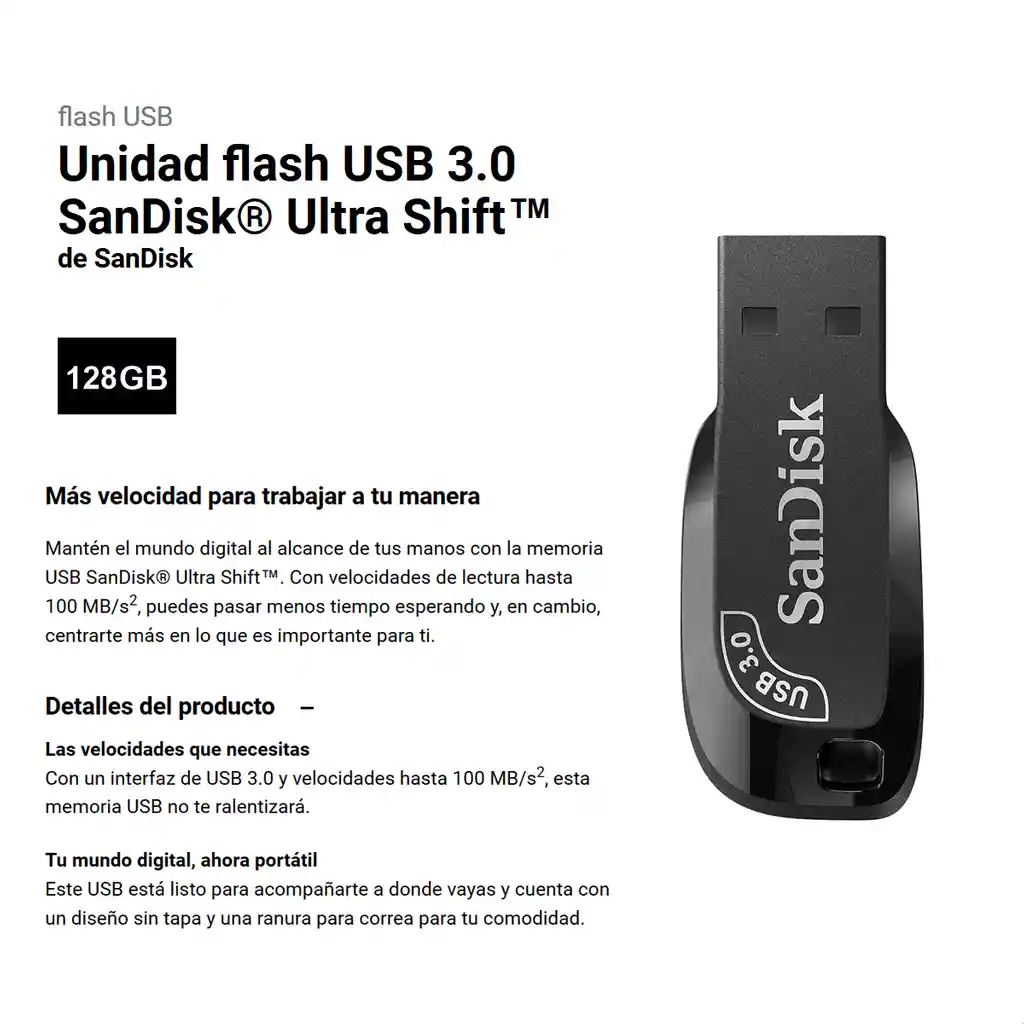 Memoria Flash Sandisk Ultra Shift Usb 3.0 De 128gb, 100mb/s