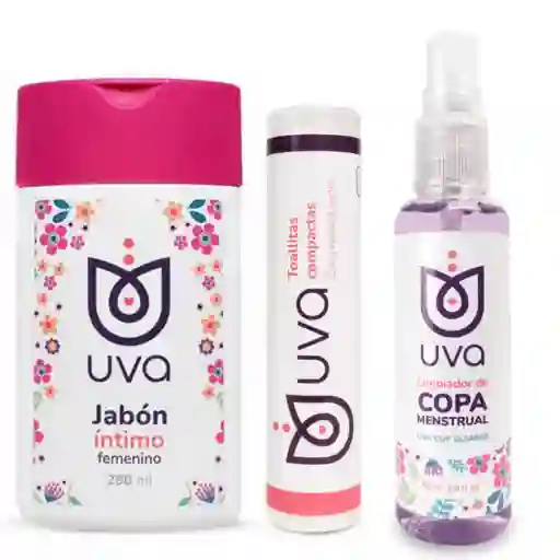 Kit Cuidado Femenino Jabón Intimo Femenino Uva 280 Ml + Limpiador De Copa Menstrual Uva+toallitas Compactas Uva X 12 Unidades