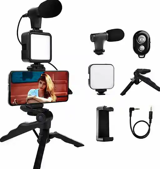 Kit Streamig Vlogs Luz Led Video Micrófono Mini Tripode